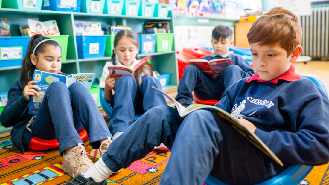 Dos alumnas y dos alumnos de primaria se sientan en cómodas sillas cerca del suelo a leer libros.